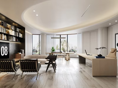 Modern Office Interior Design With Bookcase Large Windows Desk Sofa Wooden Floor And Rounded Ceiling 3d model