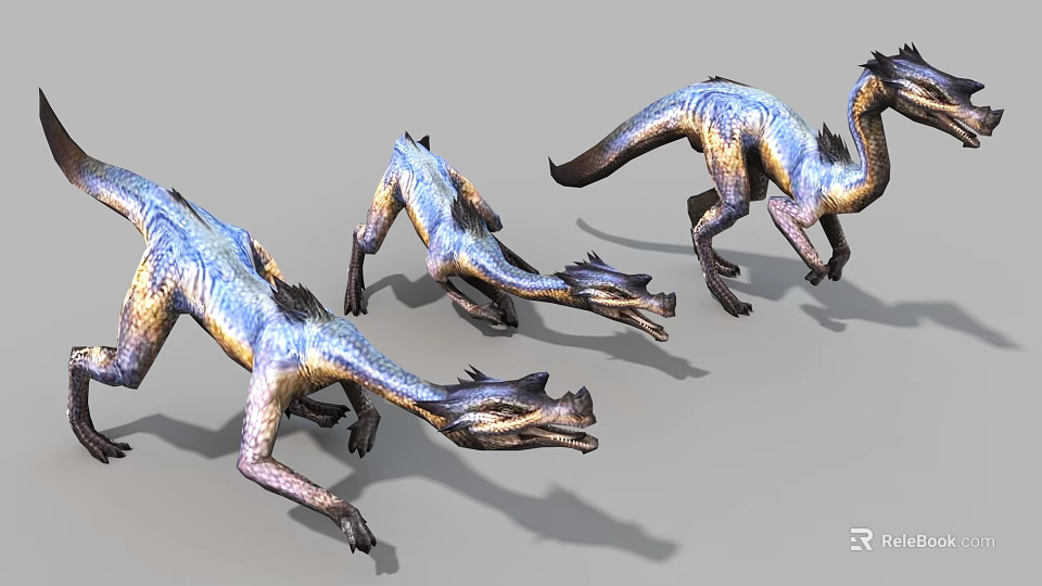 Three Dynamic Game Movie Character Dragons with Blue Gold Scales in Action Poses 3d model 