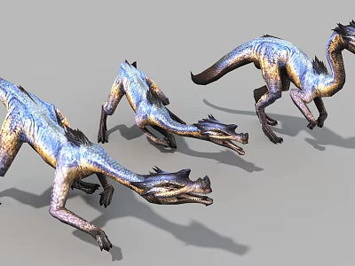 Three Dynamic Game Movie Character Dragons with Blue Gold Scales in Action Poses 3d model