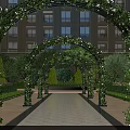 Garden Landscape Design With Flower Covered Arches Stone Pathway Greenery And Building