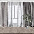 Elegant Brown And White Curtains With Sheer Layers And Green Potted Plant On Wooden Floor