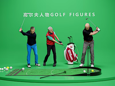Group of Golfers Swinging Clubs with Golf Bag and Balls on Green Turf 3d model