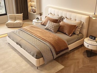 Double Bed with Beige Upholstered Headboard Gray Sheets Brown Blanket and Pillows in Modern Bedroom 3d model