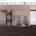 Decorative Mirrors with Unique Oval Shapes Reflecting Living Room Interior with Mannequin Handbag and Puppy
