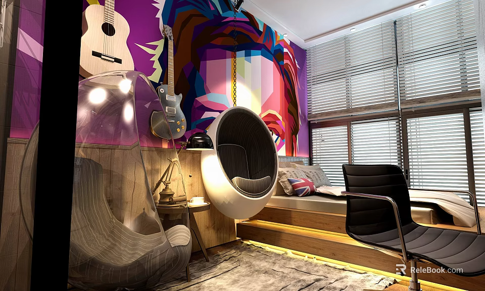 Hotel Guest Room With Colorful Abstract Mural Hanging Guitar And Round Hanging Chair 3d model 