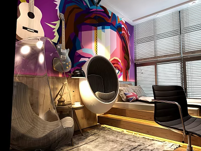 Hotel Guest Room With Colorful Abstract Mural Hanging Guitar And Round Hanging Chair 3d model