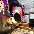 Hotel Guest Room With Colorful Abstract Mural Hanging Guitar And Round Hanging Chair
