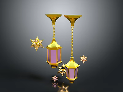 Golden Hanging Lanterns as Commercial Business Equipment with Purple Shades and Star Decorations 3d model