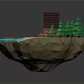 Red Small House on Floating Island Surrounded by Green Trees Blue Water and Wooden Bridge