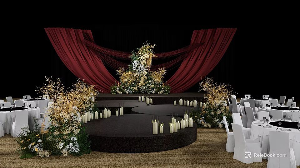 Elegant Banquet Hall with Red Curtains Stage Flower Arrangements Candles and White Chairs 3d model 