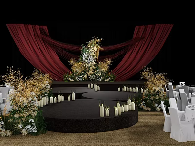 Elegant Banquet Hall with Red Curtains Stage Flower Arrangements Candles and White Chairs 3d model
