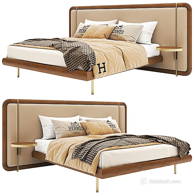 Modern Double Bed With Upholstered Headboard Beige Bedding And Plaid Blanket 3d model