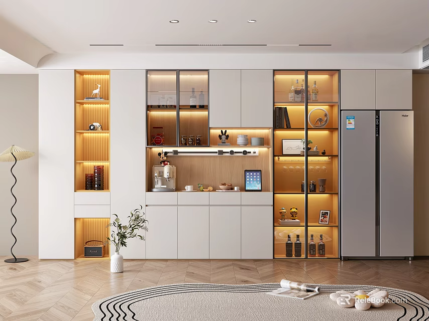 Elegant Modern Kitchen Interior With White Wine Cabinet Display Lighting And Wine Bottles 3d model 