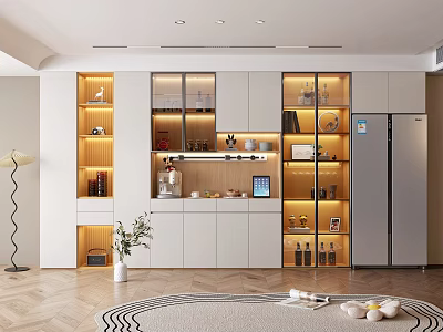 Elegant Modern Kitchen Interior With White Wine Cabinet Display Lighting And Wine Bottles 3d model