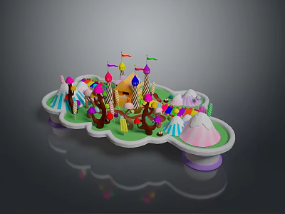 Whimsical Fantasy Landscape Featuring Colorful Tents Flags Pastel Trees And Soft Hills 3d model