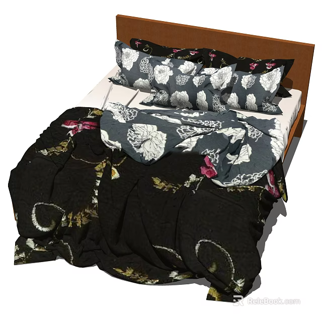 Cozy Double Bed With Floral Patterned Bedding Pillows And Wooden Headboard 3d model 