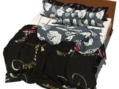 Cozy Double Bed With Floral Patterned Bedding Pillows And Wooden Headboard 3d model