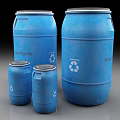 Industrial Equipment Featuring Blue Barrels in Various Sizes With Recycling Symbols