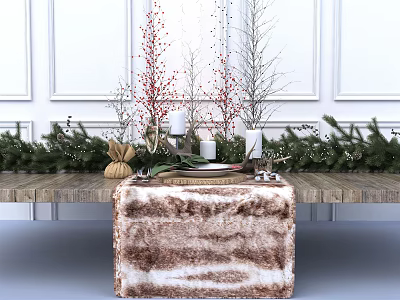 Elegant Tableware Set on Wooden Table with Green Plants Red Berry Branches and White Vases 3d model