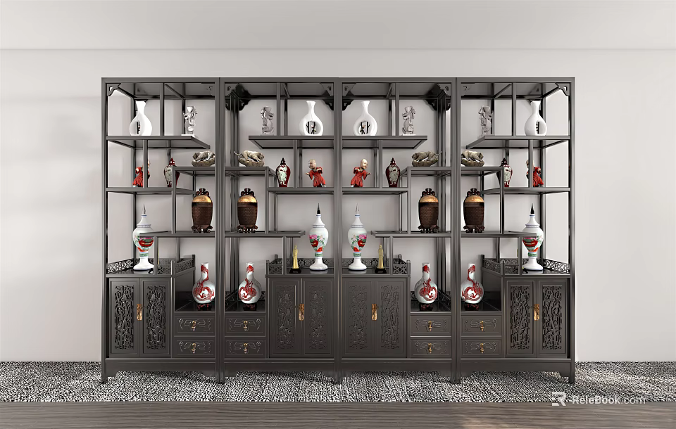 Dark Wood Chinese Antique Display Shelf With Decorative Vases And Ornaments On White Wall Background 3d model 