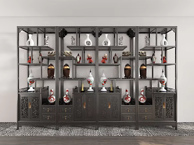 Dark Wood Chinese Antique Display Shelf With Decorative Vases And Ornaments On White Wall Background 3d model