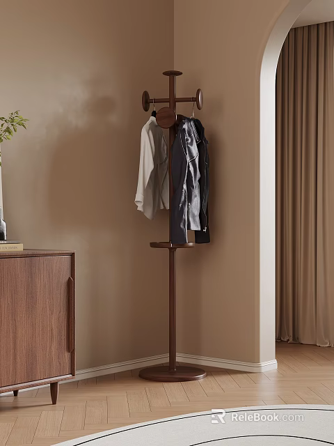 Wooden Coat Rack With Hanging Jackets And Sweater In Modern Room 3d model 