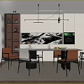 Modern Restaurant Interior With Open Design Dining Table Pendant Lights And Artwork 3d model