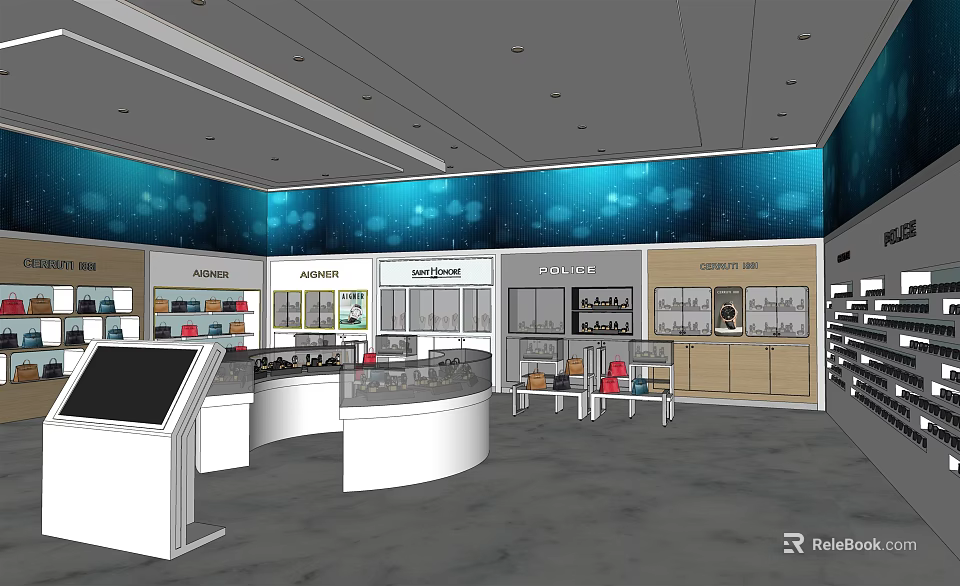 Specialty Retail Store Interior Featuring Curved Display Counters Digital Screens Product Shelves And Blue Walls 3d model 