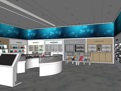 Specialty Retail Store Interior Featuring Curved Display Counters Digital Screens Product Shelves And Blue Walls 3d model