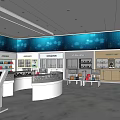 Specialty Retail Store Interior Featuring Curved Display Counters Digital Screens Product Shelves And Blue Walls