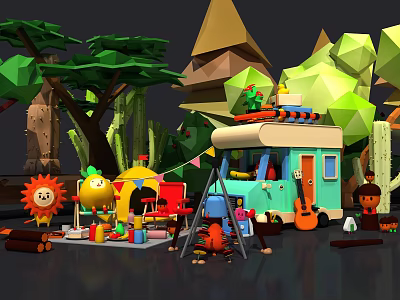 Cartoon Camping Scene with Camper Van Colorful Tent Sun Decoration Cacti Trees and Animated Characters 3d model