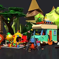 Cartoon Camping Scene with Camper Van Colorful Tent Sun Decoration Cacti Trees and Animated Characters