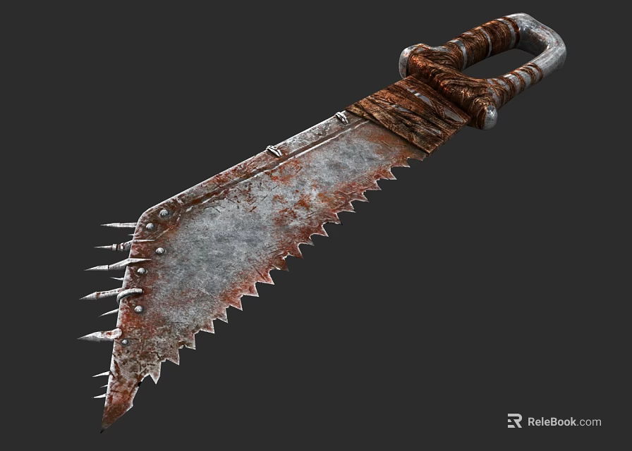 Rusty Spiked Serrated Metal Weapon Featuring Sharp Blades and Brown Wrapped Handle 3d model 