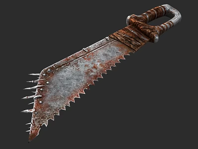 Rusty Spiked Serrated Metal Weapon Featuring Sharp Blades and Brown Wrapped Handle 3d model