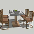 Dining Table Set With Rectangular Stone Top Rattan Backrest Chairs And Tableware 3d model