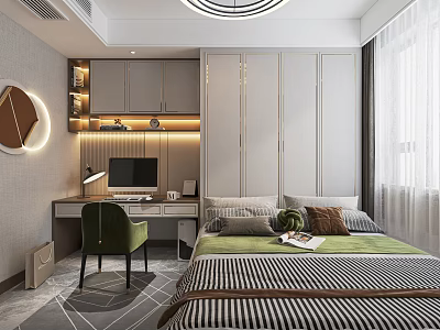 Modern Tatami Bedroom Interior With Tatami Bed Wardrobe Desk And Green Chair 3d model