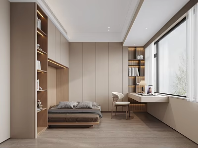 Modern Minimalist Bedroom Interior With Bed Bookshelves Desk Chair And Large Window 3d model