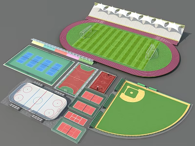 Sports Facilities 3D Model Featuring Football Tennis Basketball Hockey And Baseball Courts Layout Design 3d model