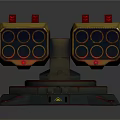 Two Yellow Multi Barrel Mechanical Launchers With Red Tops Black Base And Yellow Emblem