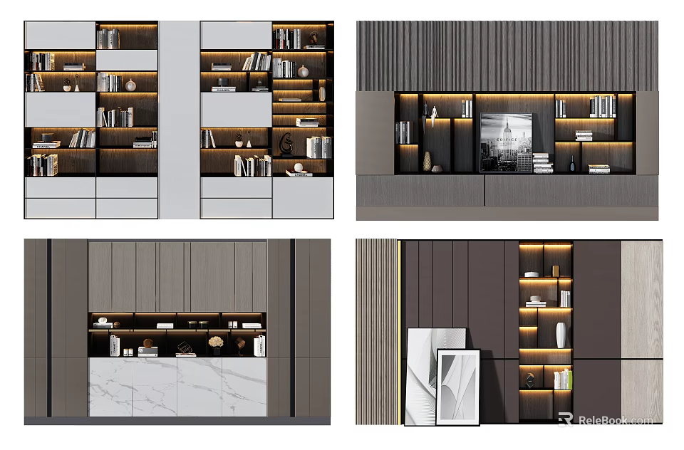Modern Bookcase Interior Design With Layered Shelves Lighting And Storage Solutions 3d model