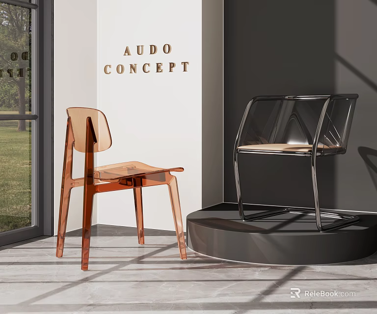Sleek Modern Leisure Chairs With Transparent Seat And Wooden Frame In Showroom With Natural Light 3d model 