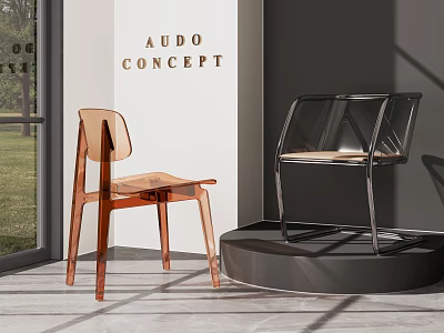 Sleek Modern Leisure Chairs With Transparent Seat And Wooden Frame In Showroom With Natural Light 3d model
