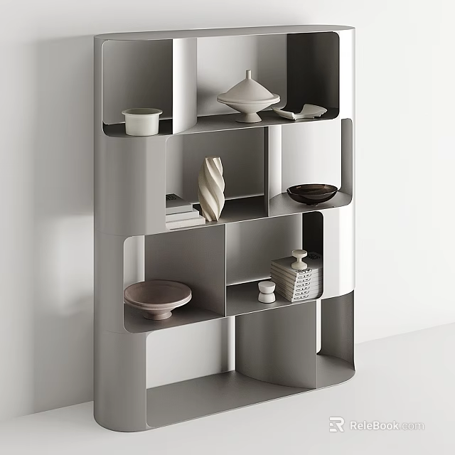 Modern Geometric Bookshelf with Open Compartments Ceramic Vases Bowls and Sculptures 3d model 