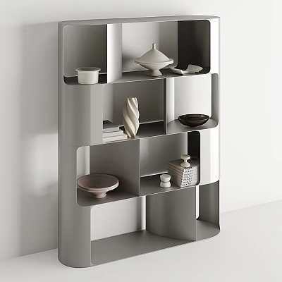 Modern Geometric Bookshelf with Open Compartments Ceramic Vases Bowls and Sculptures 3d model