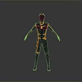 Sci Fi Game And Movie Character With Black Orange Tight Suit And Blue Glowing Head