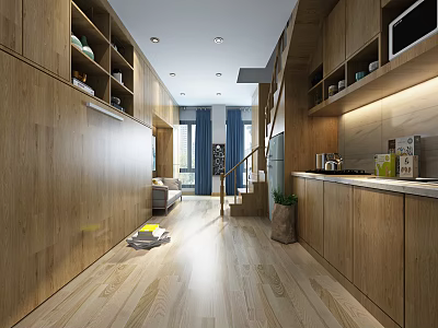 Spacious Wooden Apartment Interior With Open Plan Kitchen Cabinets And Staircase 3d model