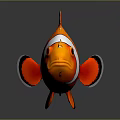 Vibrant orange and white striped clownfish with black fins and reflection on gray background