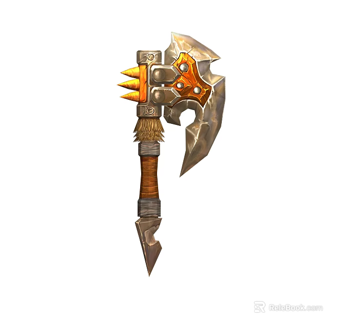 Epic Fantasy Battle Axe With Metallic Head Flame Spikes Wooden Wrapped Handle And Orange Accents 3d model 