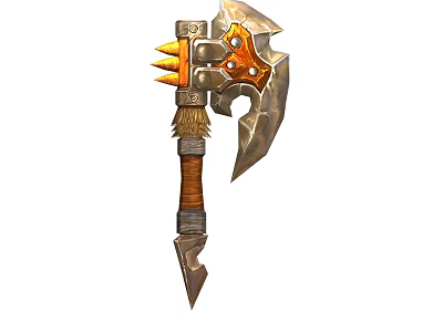 Epic Fantasy Battle Axe With Metallic Head Flame Spikes Wooden Wrapped Handle And Orange Accents 3d model