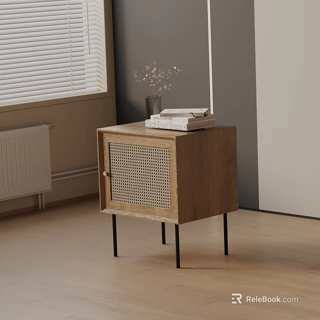 Wooden Bedside Table With Rattan Door Black Legs Stacked Books And Decorative Vase 3d model 